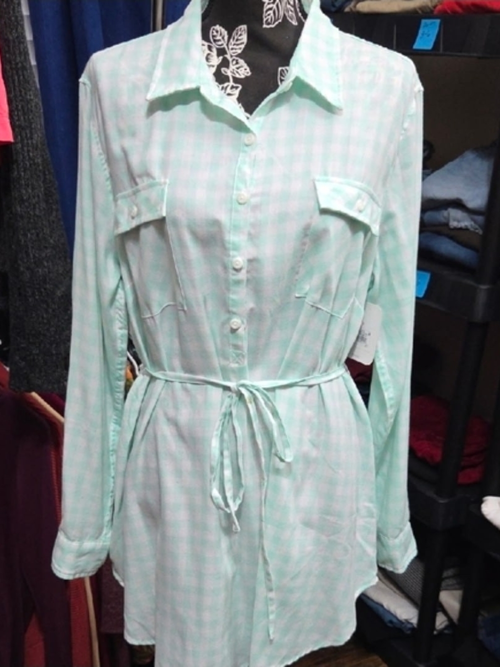 Ingrid & Isabel Maternity Mint Check Long-Sleeve Tie-Waist Shirt Dress